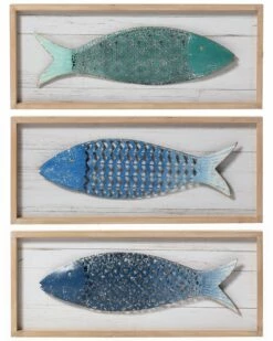 StyleCraft Set Of 3 Metal Fish Wood Panels Home Mirrors & Wall Art